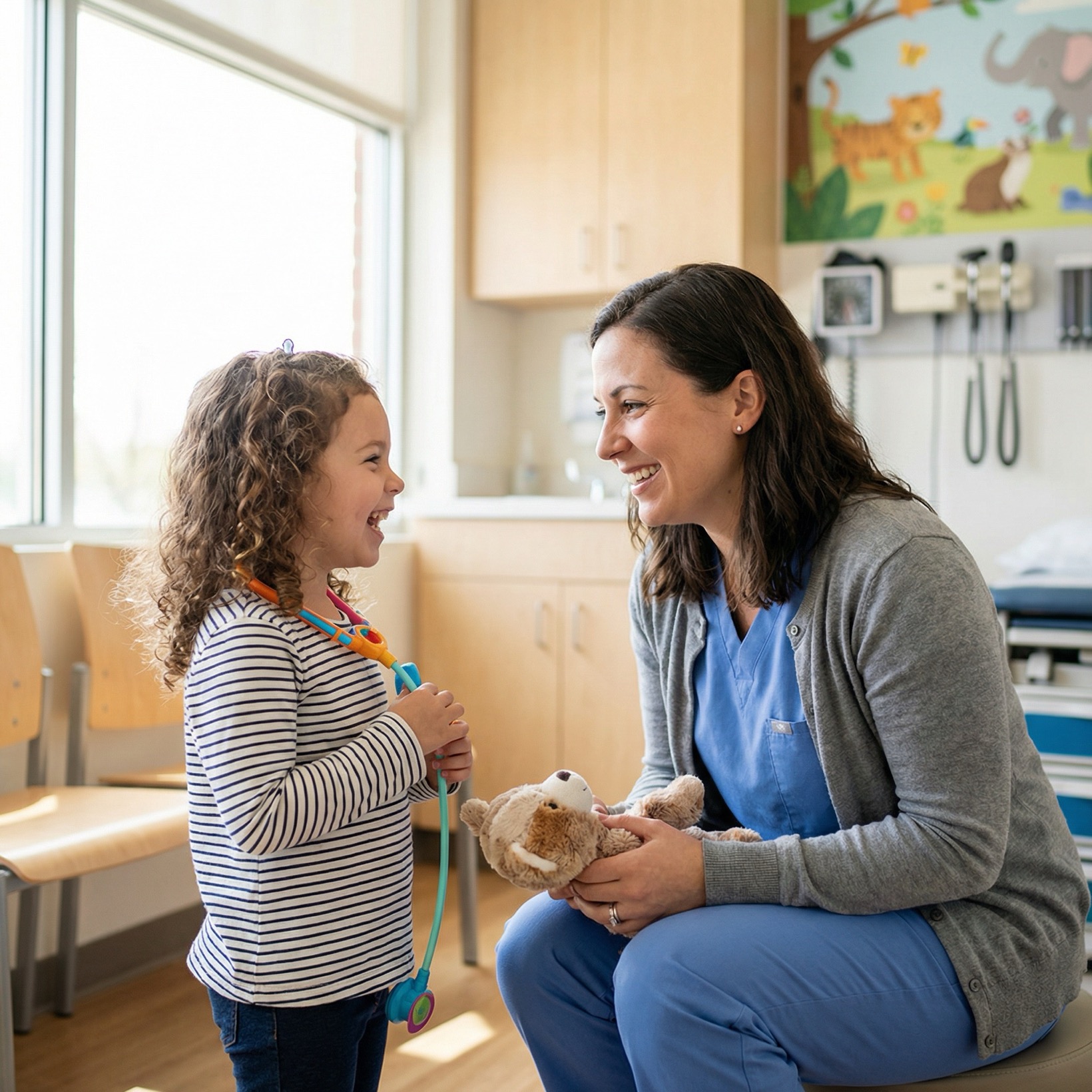 Healthcare provider sharing a warm moment with a young child in a medical office