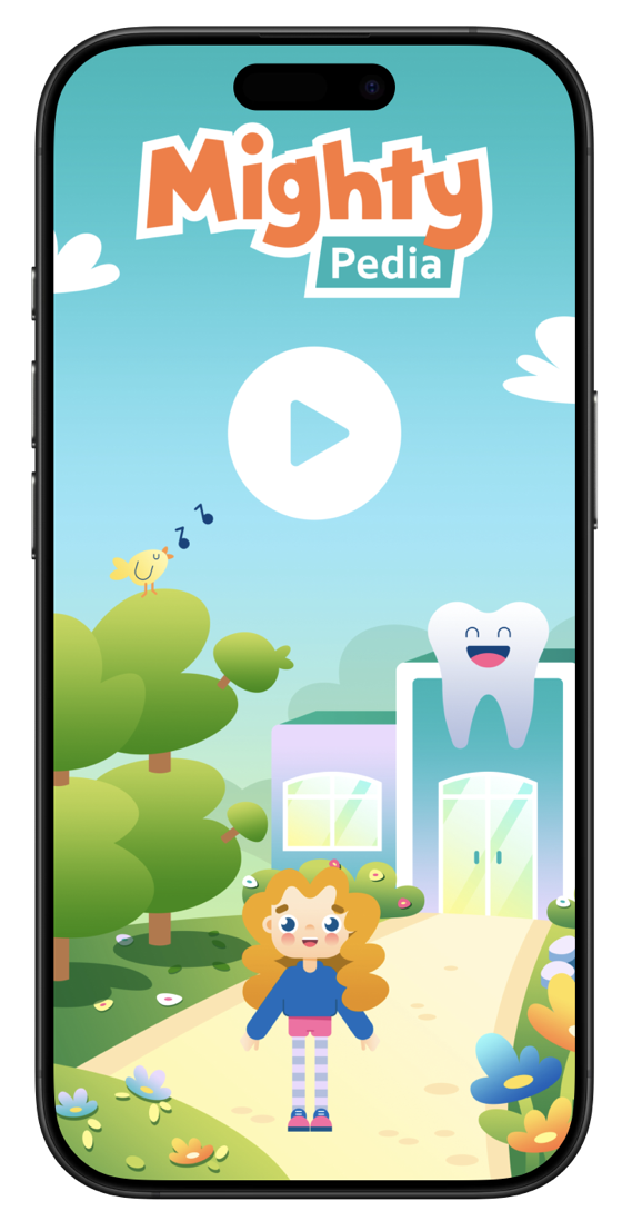 Mighty Pedia Dentist app shown on a smartphone, colorful interactive dental visit preparation for children